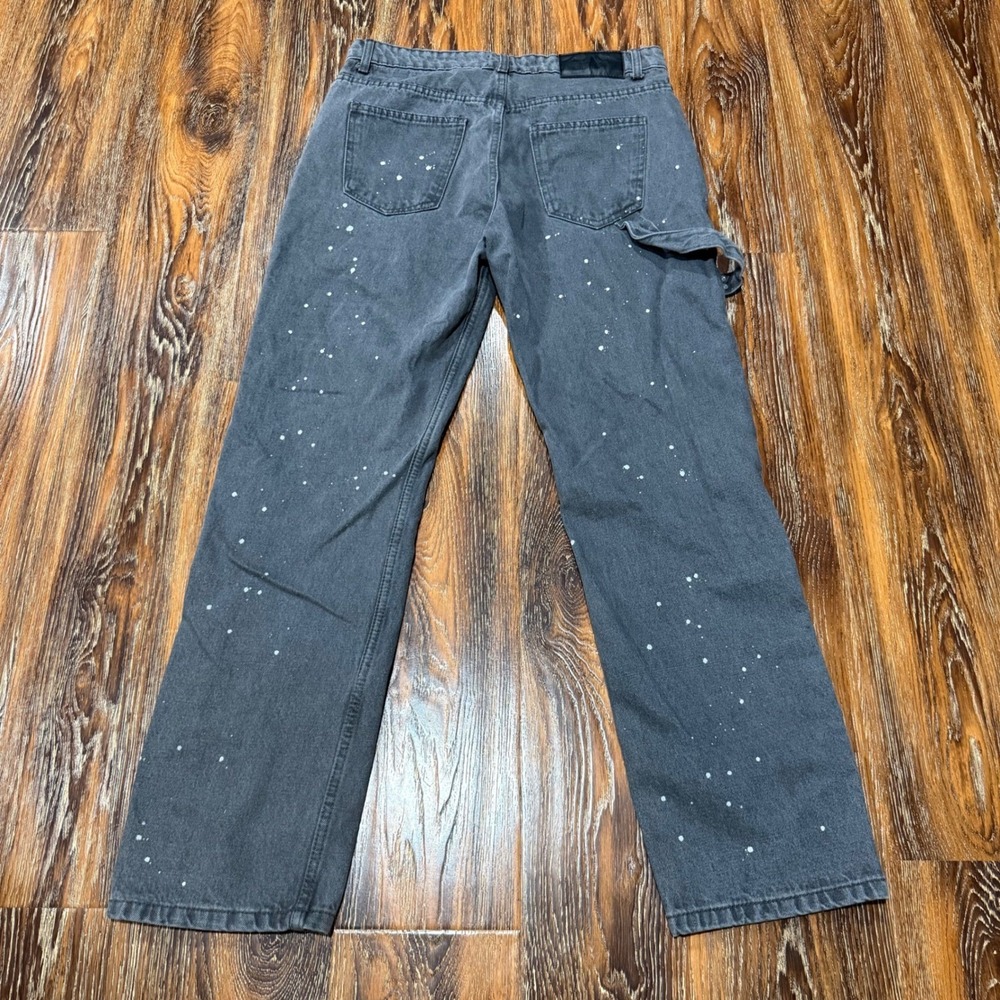 Boohoo MAN Mens 32R Carpenter Jeans Grey Paint‎ Splatter Straight Leg Black